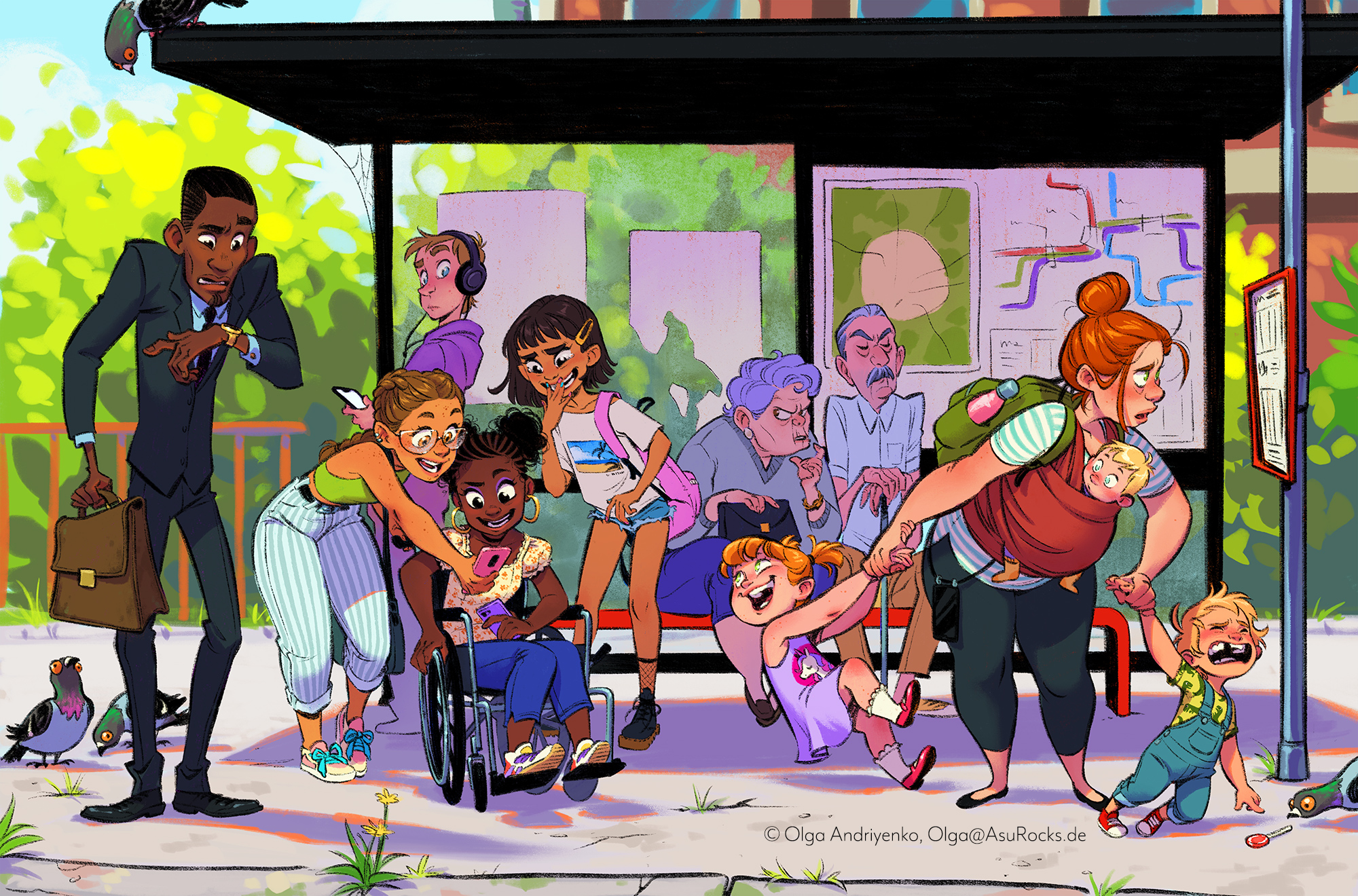 bus stop illustration with diverse characters