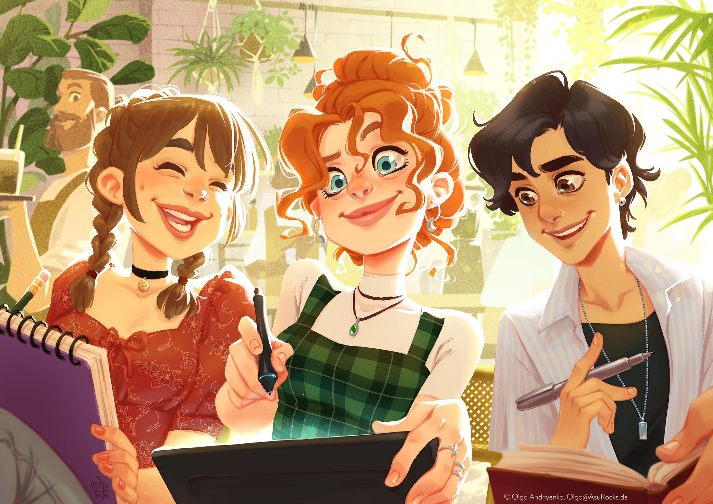 illustration of a group of artist friends in a sunny coffee shop